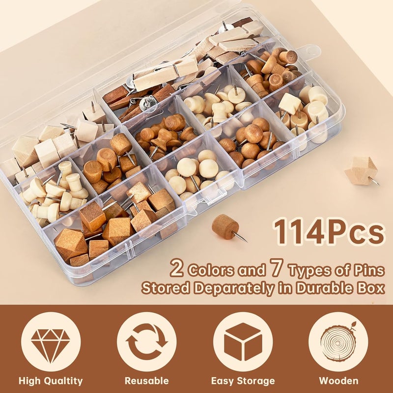 GOOLADA 114Pcs Decorative Push Pins in 7 Types and 2 Colors Wooden Push Pins Cute Thumb Tacks Clips for Cork Board Bulletin Board Wall Cubicle Crafts for Office Classroom Farmhouse with Storage Box - Image 3